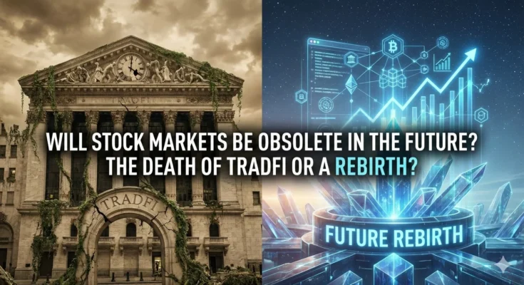 create a featured image about "Will Stock Markets Be Obsolete in the Future? The Death of TradFi or a Rebirth?"
